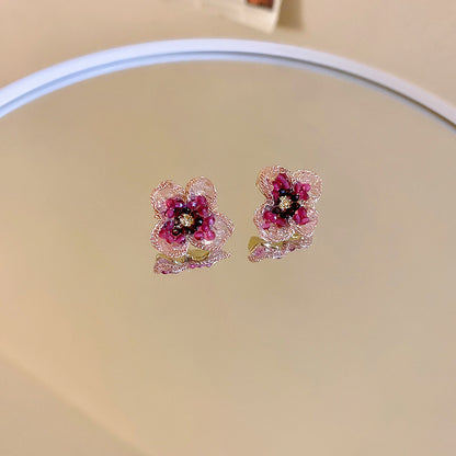 1 Pair Sweet Flower Inlay Copper Crystal Rhinestones Ear Studs