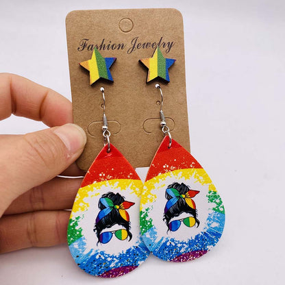 Casual Rainbow Water Droplets Heart Shape Wood Women's Drop Earrings