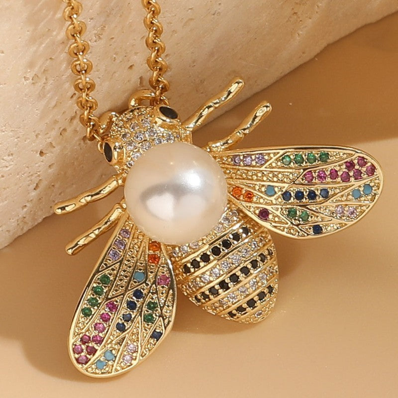 Lady Insect Titanium Steel Copper Irregular Plating Inlay Zircon 14k Gold Plated Pendant Necklace