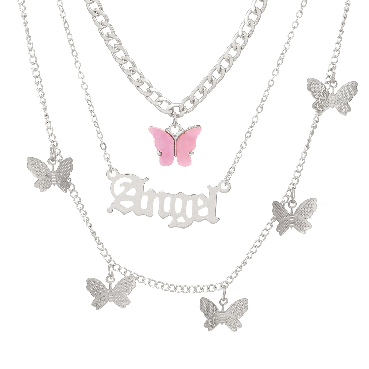 Wholesale Jewelry Casual Sweet Letter Butterfly Alloy 14k Gold Plated Layered Necklaces