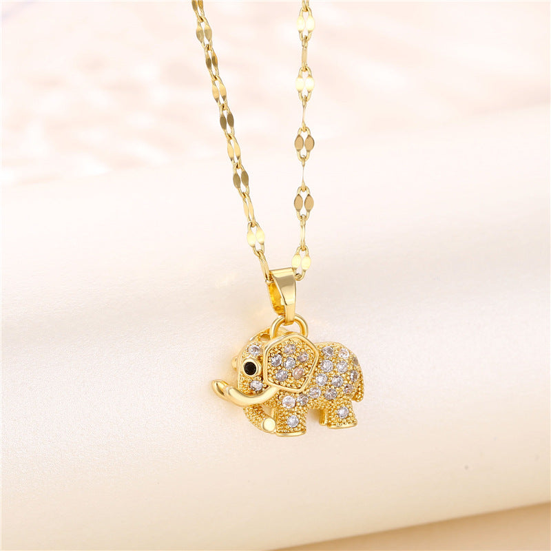 Casual Elephant Stainless Steel Plating Inlay Opal Zircon 18k Gold Plated Pendant Necklace