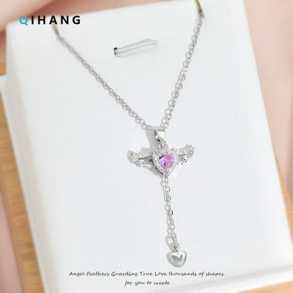 Sweet Heart Shape Titanium Steel Inlay Zircon Pendant Necklace