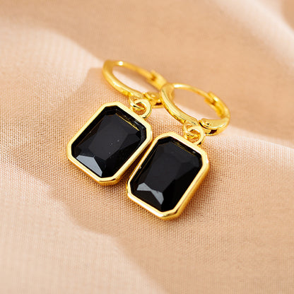 Retro Rectangle Metal Inlay Zircon Women's Drop Earrings