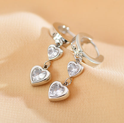 1 Pair Simple Style Heart Shape Plating Inlay Stainless Steel Zircon Drop Earrings