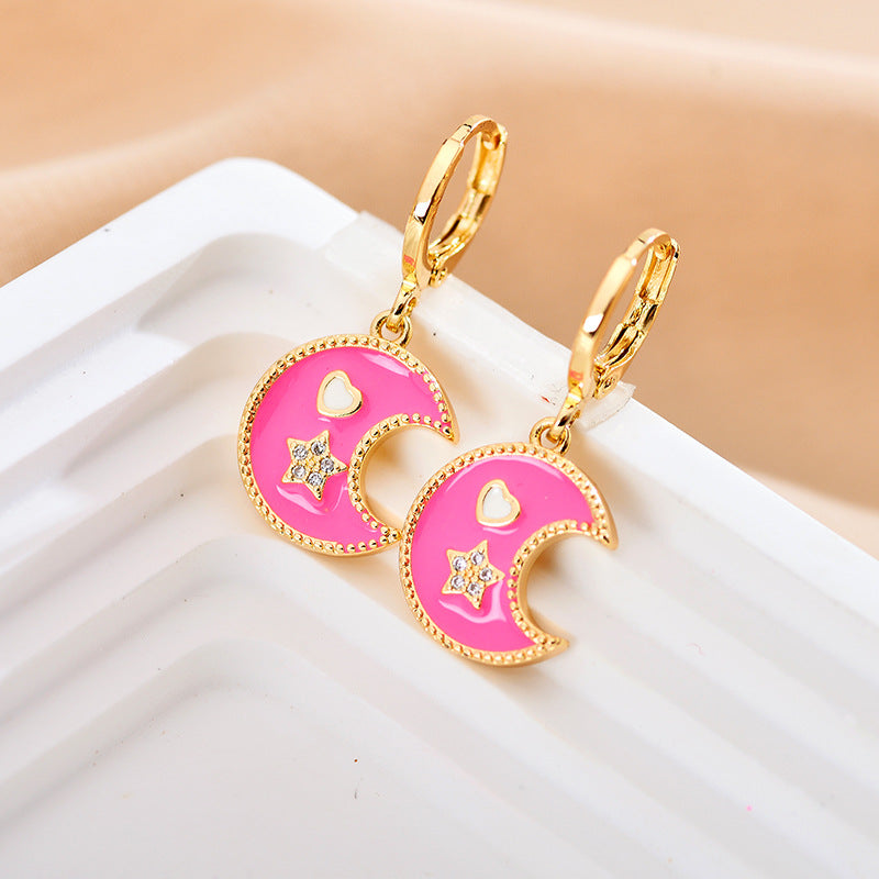 1 Pair Elegant Luxurious Star Moon Heart Shape Enamel Inlay Copper Zircon 18K Gold Plated Drop Earrings