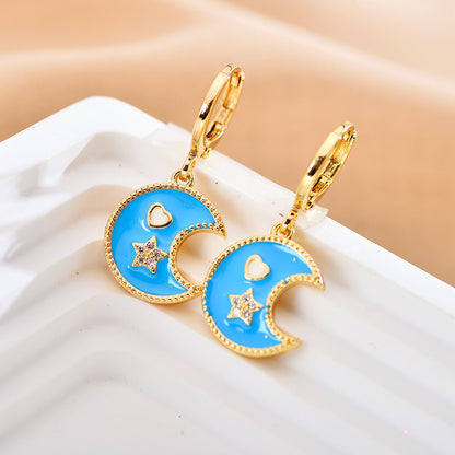 1 Pair Elegant Luxurious Star Moon Heart Shape Enamel Inlay Copper Zircon 18K Gold Plated Drop Earrings