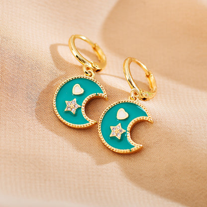 1 Pair Elegant Luxurious Star Moon Heart Shape Enamel Inlay Copper Zircon 18K Gold Plated Drop Earrings