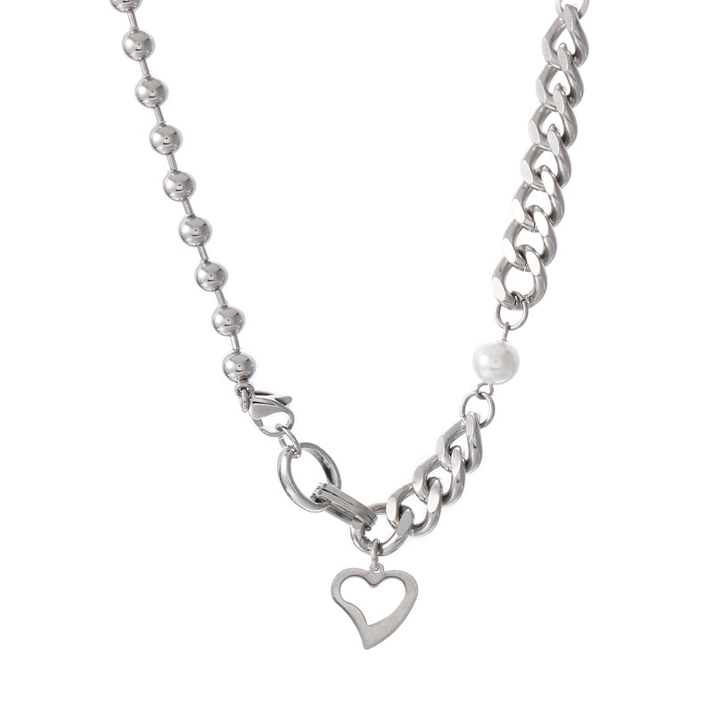 Cool Style Heart Shape Stainless Steel Inlay Artificial Pearls 18k Gold Plated Necklace