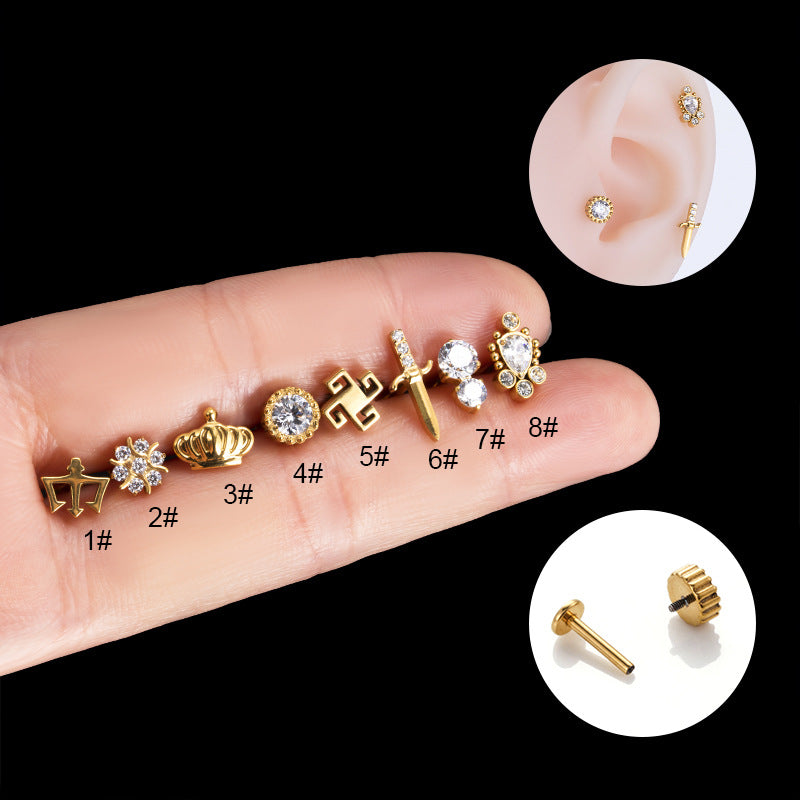 Retro Cross Crown Flower G23 Titanium Inlay Zircon Ear Studs