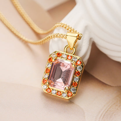 Elegant Luxurious Square Copper 18k Gold Plated Zircon Pendant Necklace In Bulk