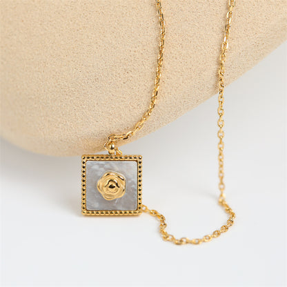 Elegant Retro French Style Square Flower Titanium Steel Plating 18k Gold Plated Pendant Necklace