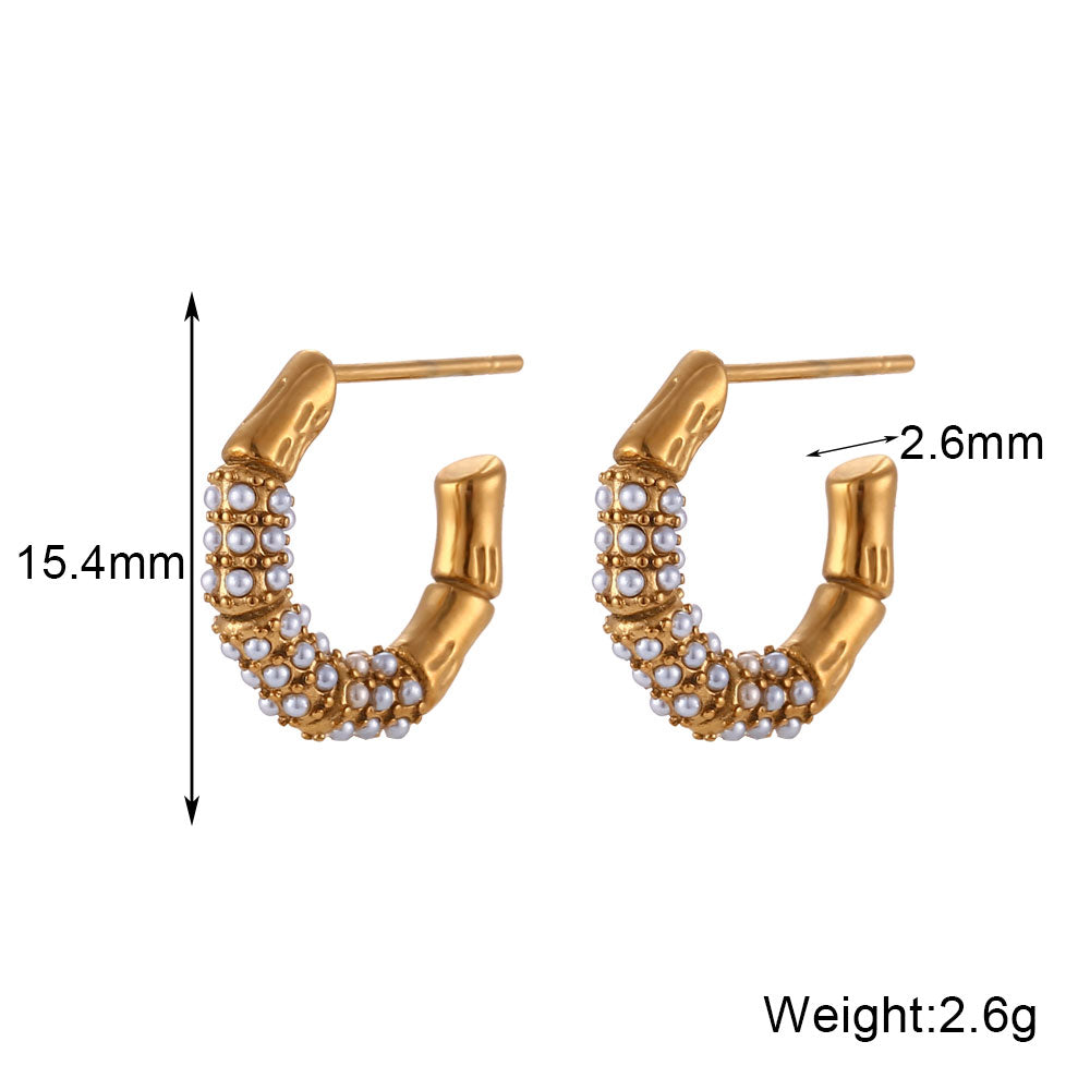 1 Pair Modern Style C Shape Plating Inlay Stainless Steel Rhinestones Pearl 18k Gold Plated Ear Studs