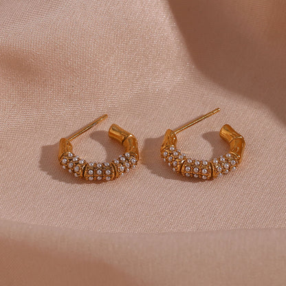 1 Pair Modern Style C Shape Plating Inlay Stainless Steel Rhinestones Pearl 18k Gold Plated Ear Studs