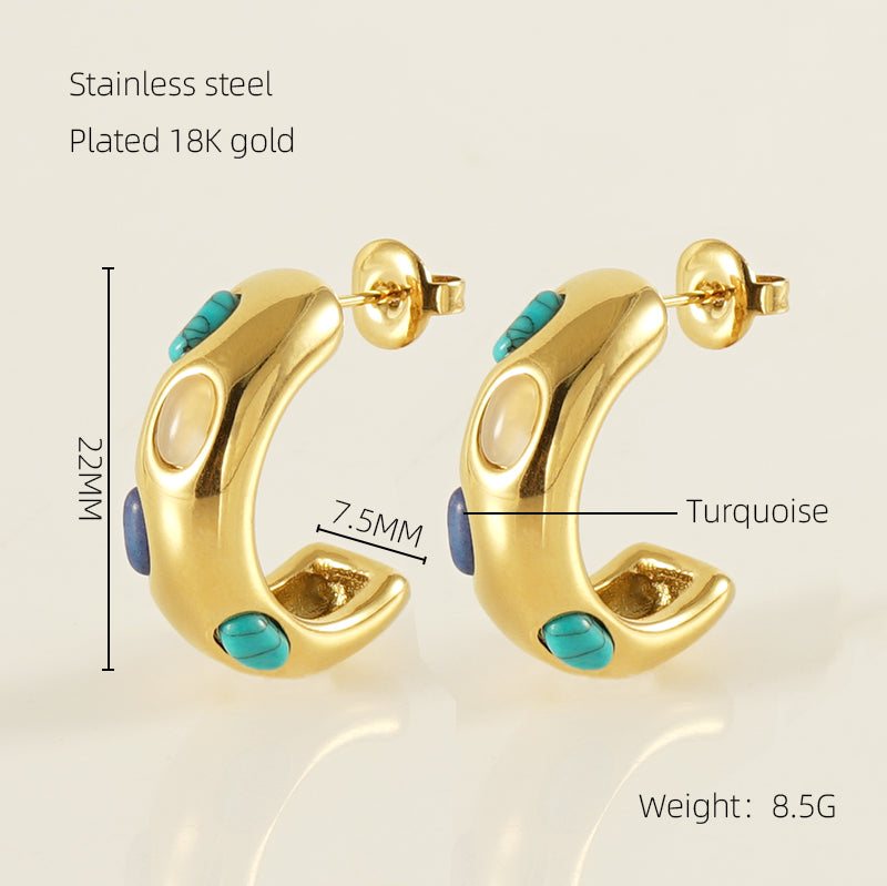 1 Pair Classical Romantic C Shape Inlay Stainless Steel Turquoise 18k Gold Plated Ear Studs