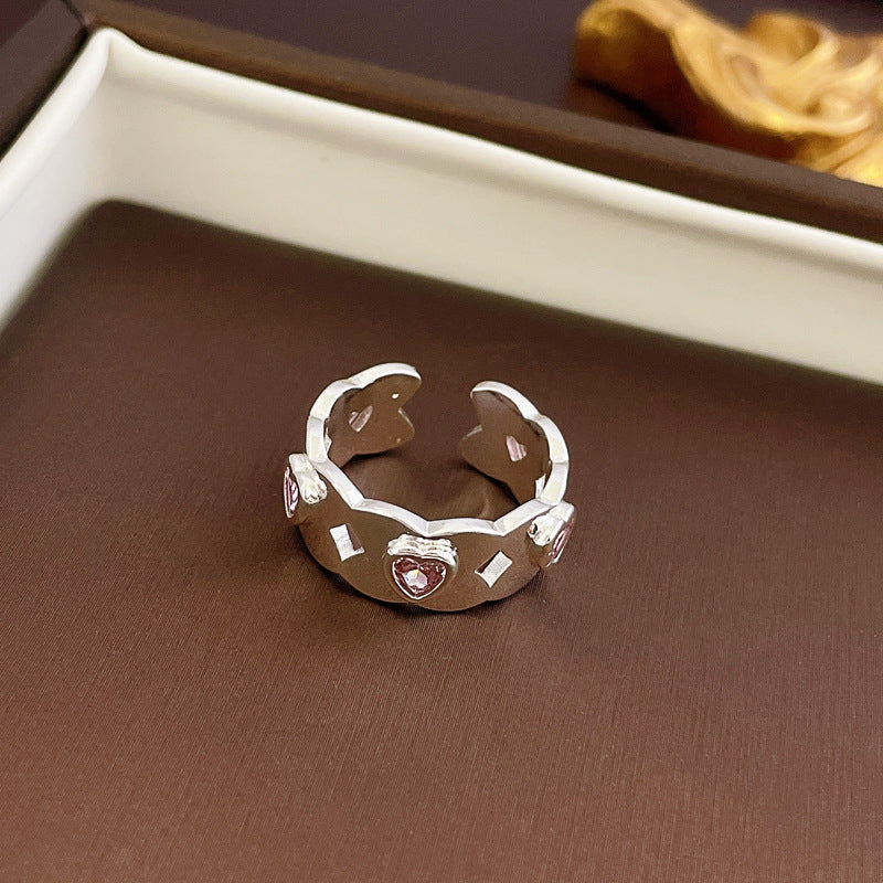 Sweet Animal Heart Shape Alloy Inlay Zircon Women's Open Ring