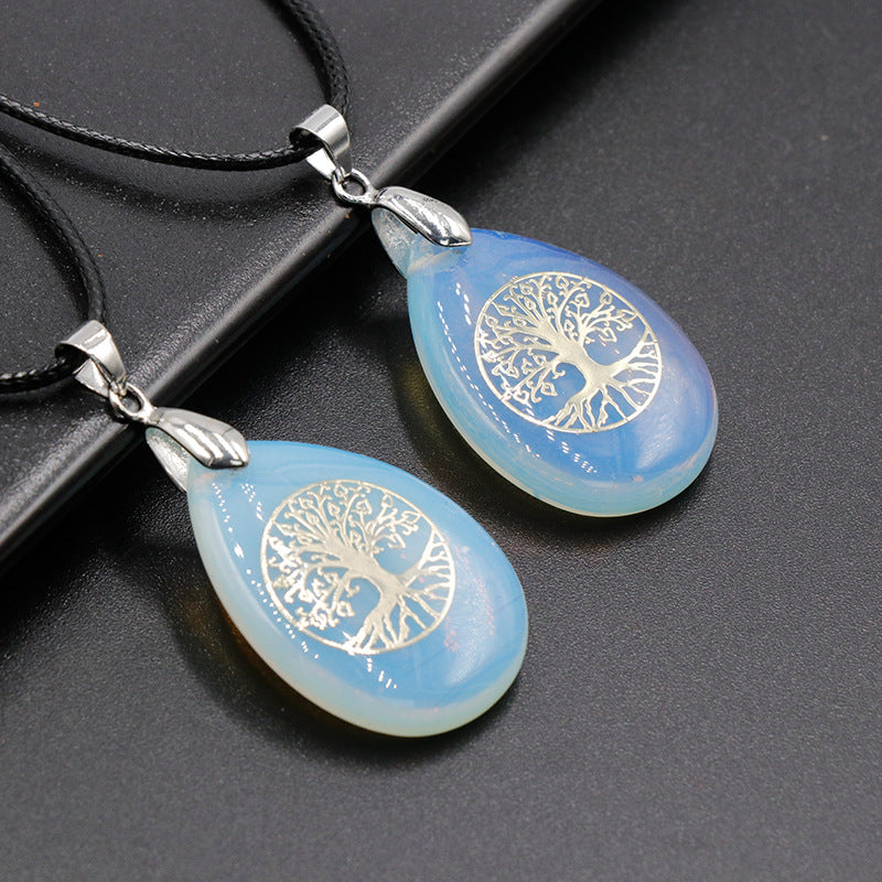 Streetwear Tree Stainless Steel Natural Stone Plating Pendant Necklace