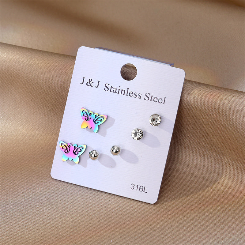 3 Pairs Elegant Butterfly Stainless Steel Inlay Zircon Ear Studs