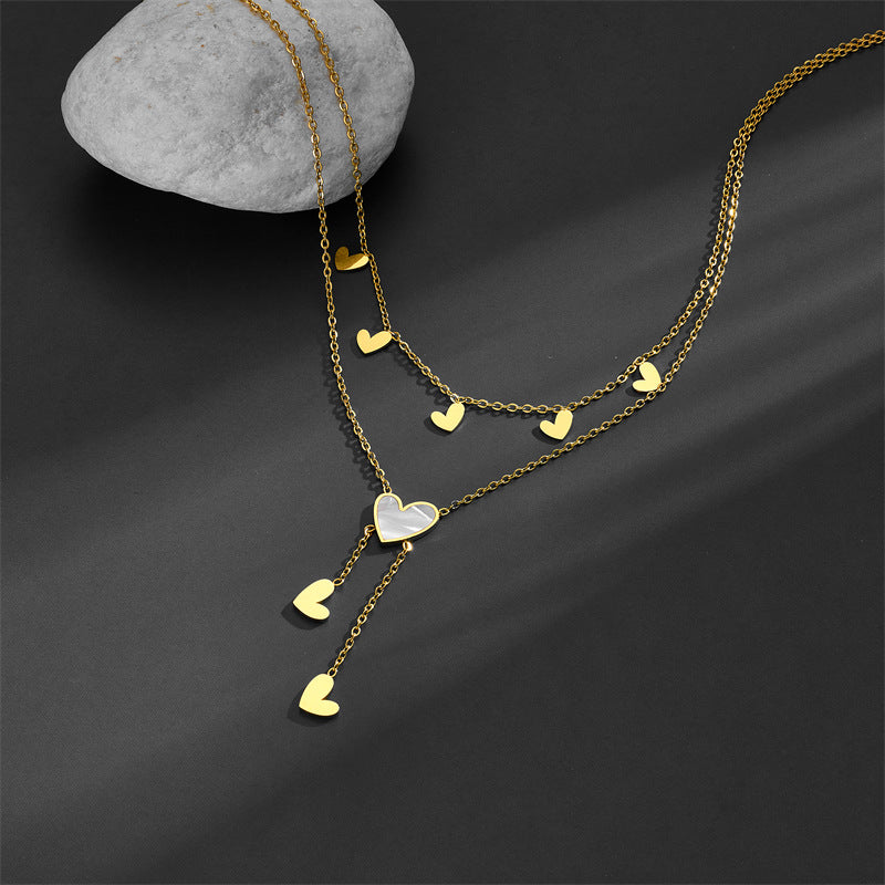 Sweet Simple Style Heart Shape Titanium Steel Inlay Shell Layered Necklaces