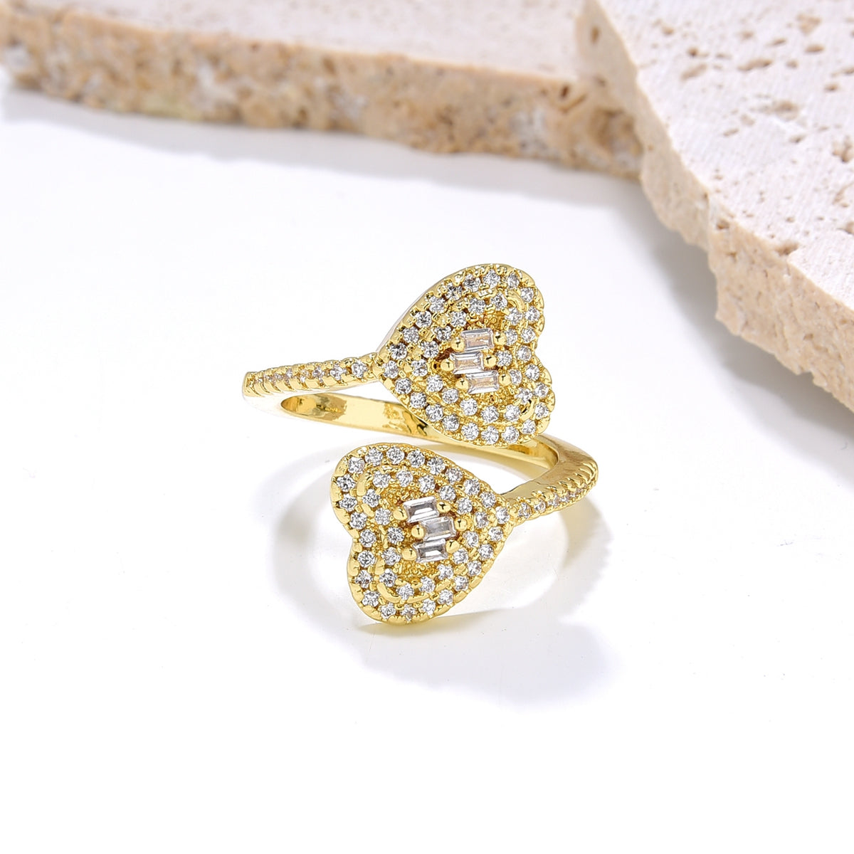 Elegant Shiny Heart Shape Copper Plating Inlay Zircon Gold Plated Open Ring