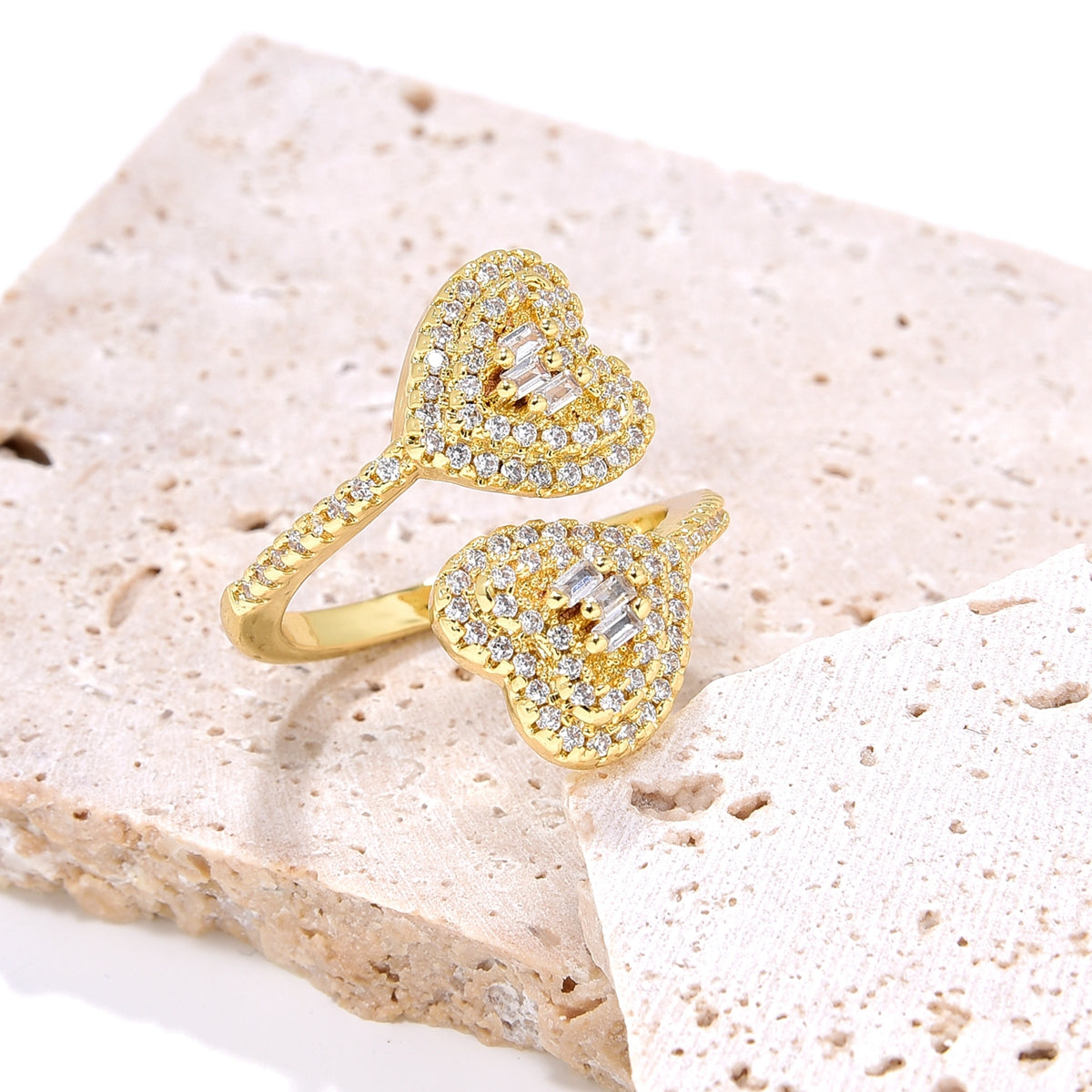 Elegant Shiny Heart Shape Copper Plating Inlay Zircon Gold Plated Open Ring