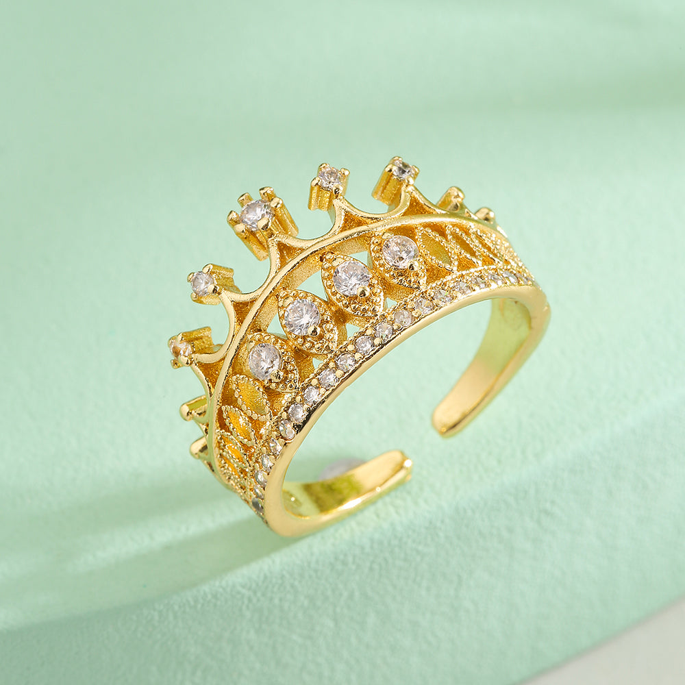 Classic Style Commute Crown Copper 18k Gold Plated Zircon Open Ring In Bulk