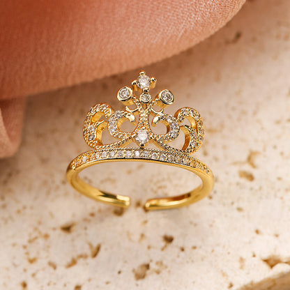 Classic Style Commute Crown Copper 18k Gold Plated Zircon Open Ring In Bulk