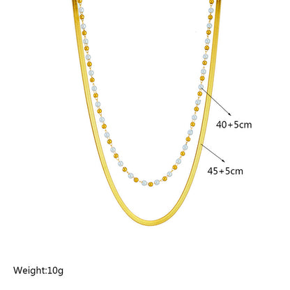 Casual Simple Style Solid Color Titanium Steel Beaded Pearl Plating 18k Gold Plated Layered Necklaces