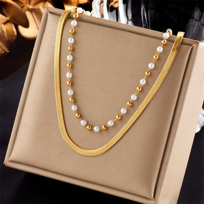 Casual Simple Style Solid Color Titanium Steel Beaded Pearl Plating 18k Gold Plated Layered Necklaces