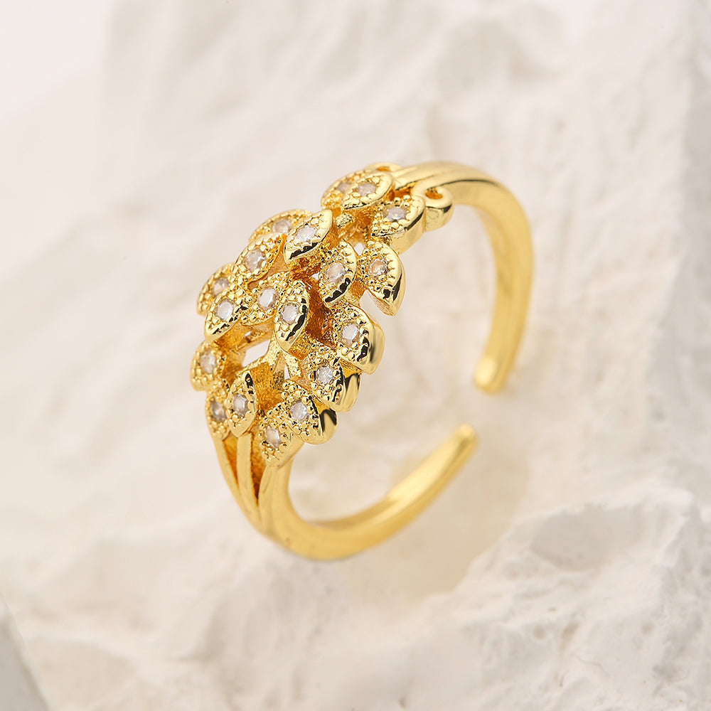 Simple Style Commute Leaf Flower Copper 18k Gold Plated Zircon Open Ring In Bulk