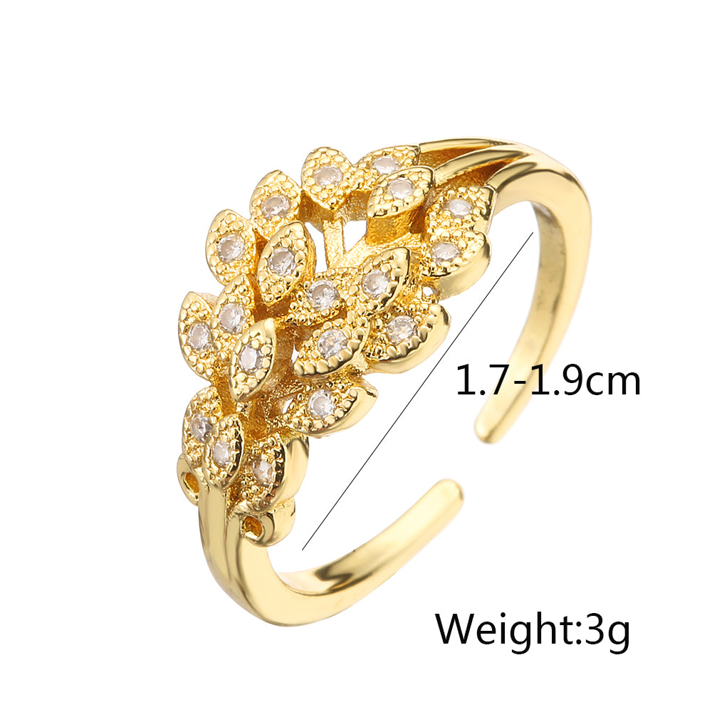 Simple Style Commute Leaf Flower Copper 18k Gold Plated Zircon Open Ring In Bulk