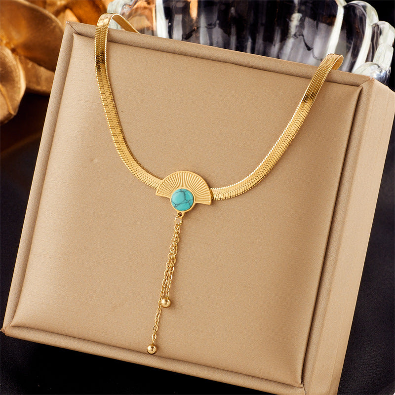 Retro Sector Titanium Steel Plating Inlay Turquoise 18k Gold Plated Necklace