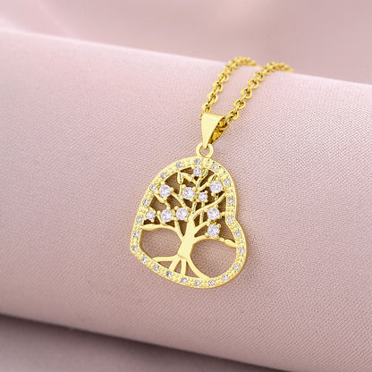 Elegant Lady Devil's Eye Tree Heart Shape Titanium Steel Copper Plating Inlay Zircon 18k Gold Plated Pendant Necklace