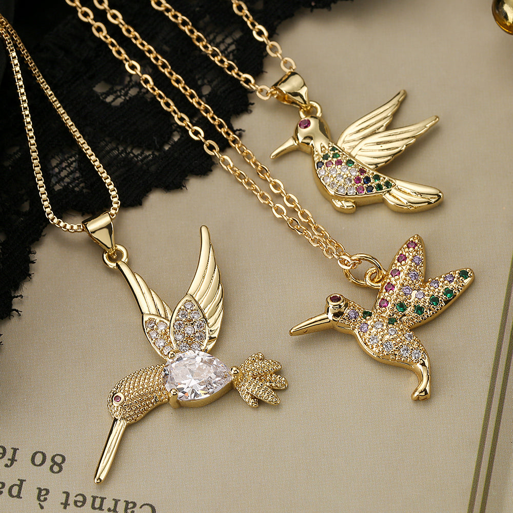 Modern Style Bird Copper Plating Inlay Zircon 18k Gold Plated Pendant Necklace