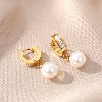 1 Pair Elegant Round Heart Shape Stainless Steel Artificial Pearl Plating Inlay Zircon Drop Earrings