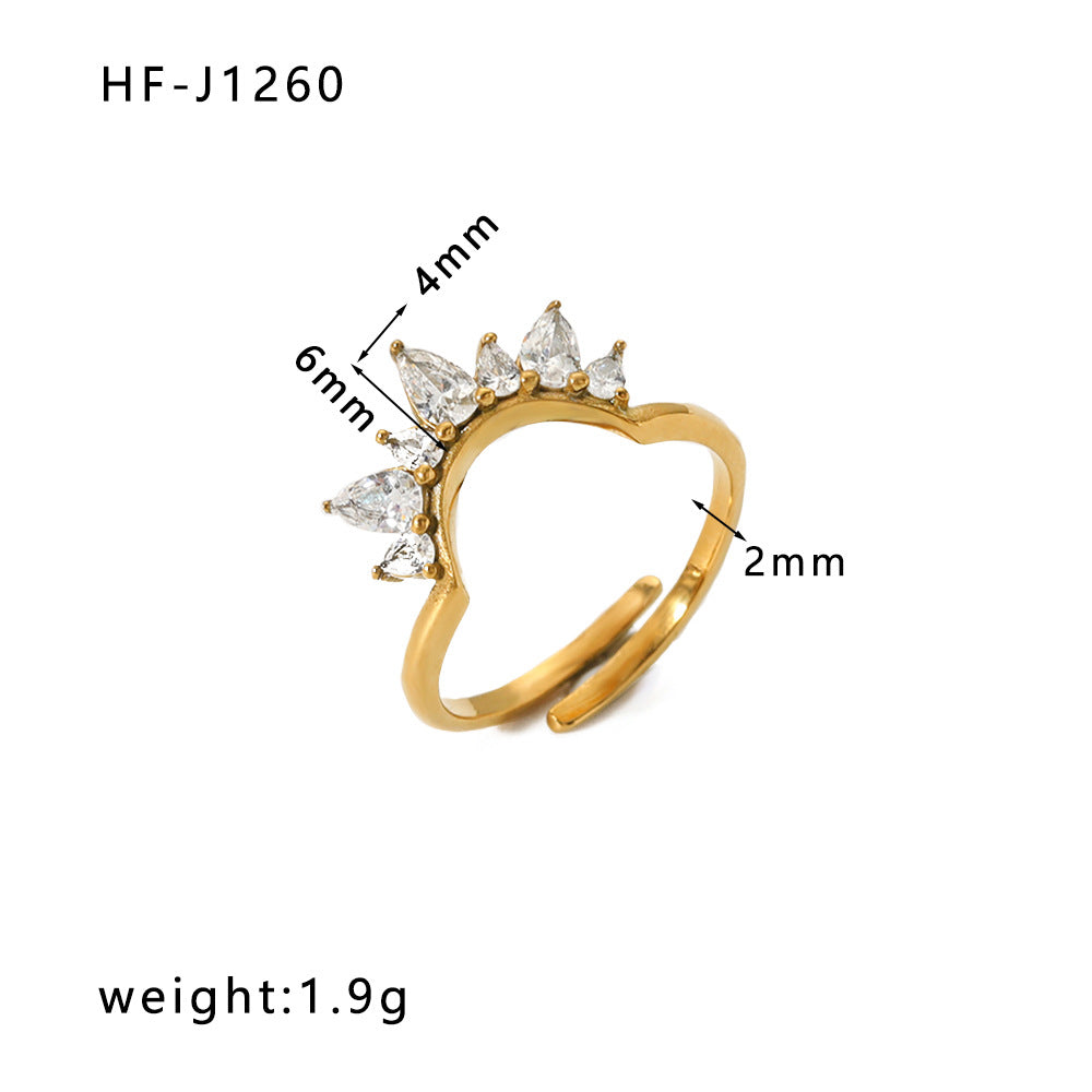 Ig Style Crown Rhombus Rectangle Stainless Steel Criss Cross Plating Inlay Zircon 18k Gold Plated Rings