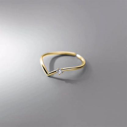 Simple Style V Shape Sterling Silver Inlay Rhinestones 18k Gold Plated Open Ring