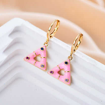 1 Pair Elegant Cute Triangle Copper Enamel Inlay Zircon Drop Earrings