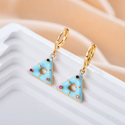 1 Pair Elegant Cute Triangle Copper Enamel Inlay Zircon Drop Earrings