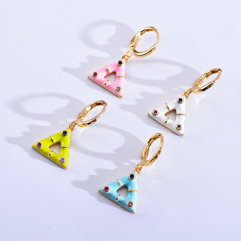 1 Pair Elegant Cute Triangle Copper Enamel Inlay Zircon Drop Earrings