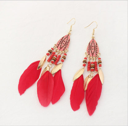 Ethnic Style Bohemian Water Droplets Alloy Feather Beaded Tassel Enamel Women's Drop Earrings