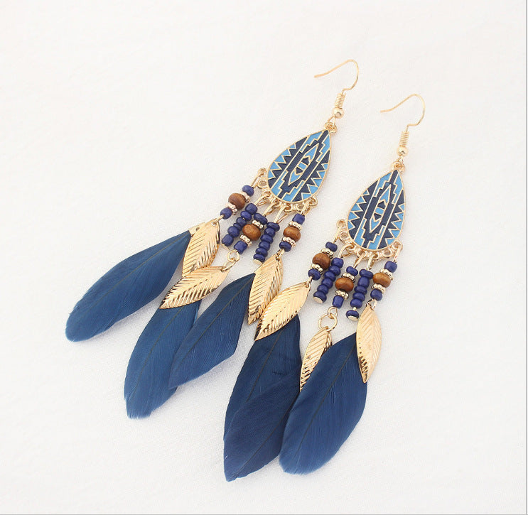 Ethnic Style Bohemian Water Droplets Alloy Feather Beaded Tassel Enamel Women's Drop Earrings