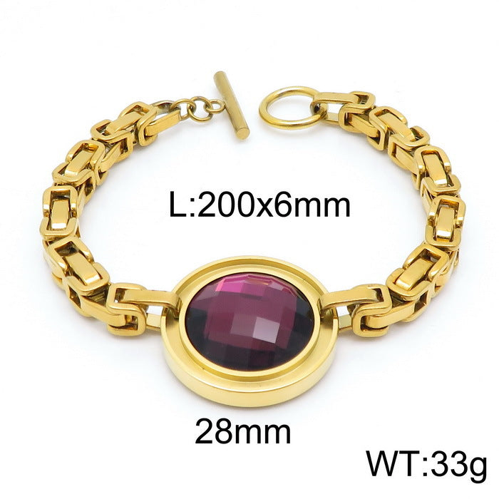 Fashion New Stainless Steel Single-piece Chain Round Multi-color Glass Stone Female Bracelet And Necklace Set