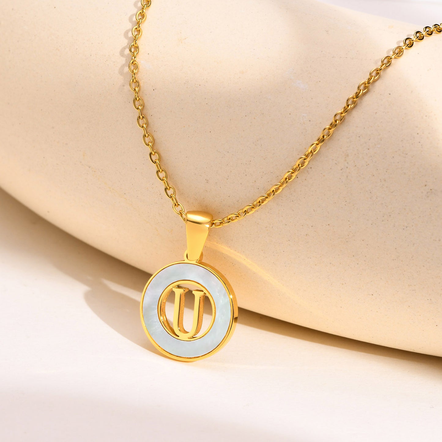 Ins Style Simple Style Letter Stainless Steel Plating Hollow Out Inlay Shell 18k Gold Plated Necklace Pendant