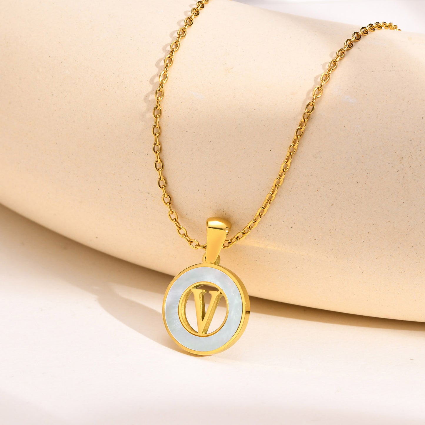 Ins Style Simple Style Letter Stainless Steel Plating Hollow Out Inlay Shell 18k Gold Plated Necklace Pendant