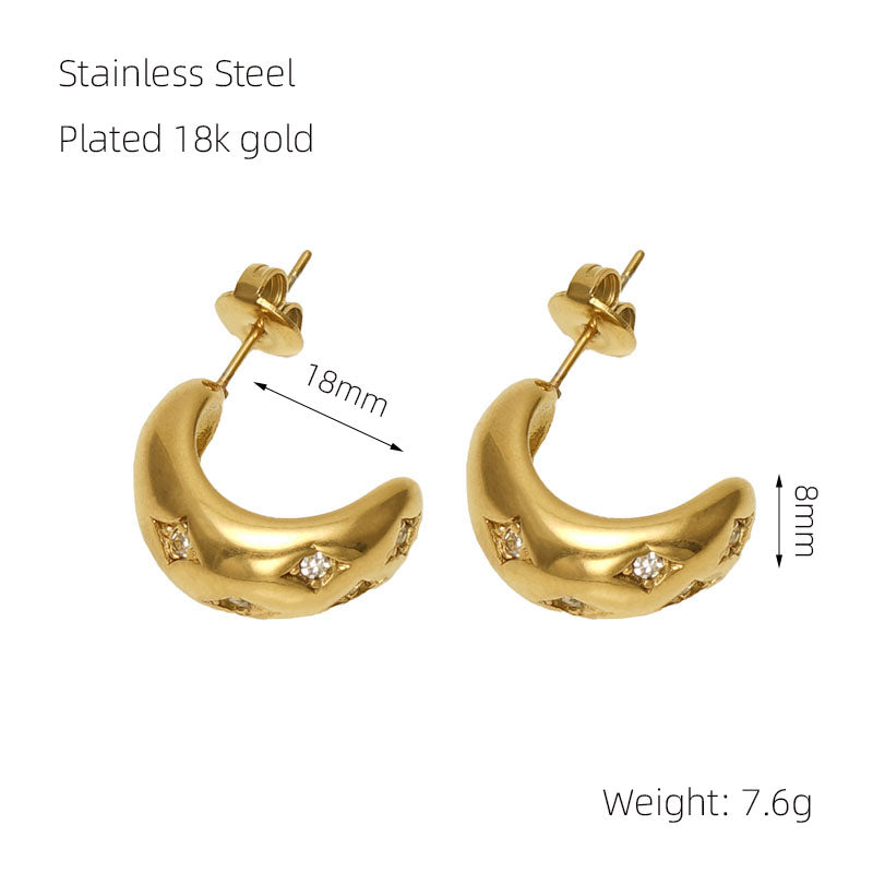 1 Pair Elegant C Shape Star Plating Inlay Stainless Steel Rhinestones 18k Gold Plated Ear Studs