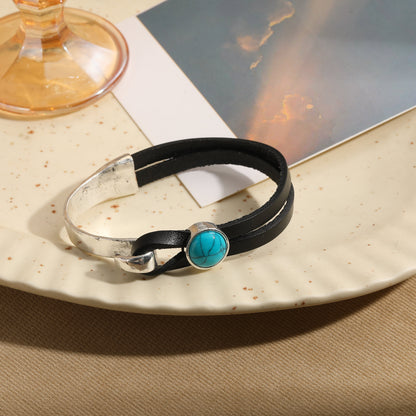 Vintage Style Simple Style Round Alloy Leather Rope Inlay Turquoise Unisex Wristband