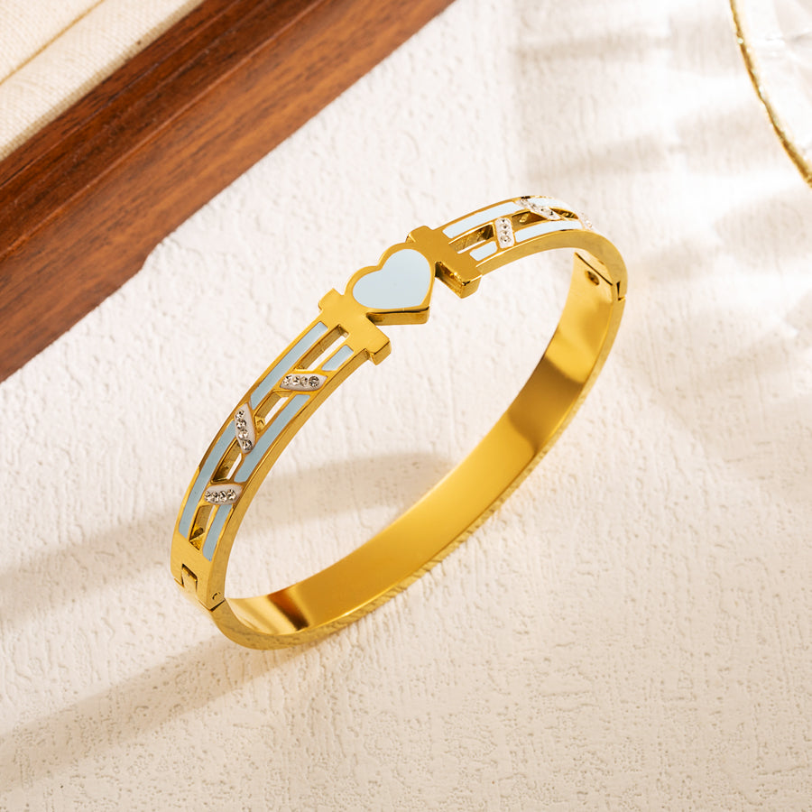 Modern Style Leaf Heart Shape Stainless Steel Plating Hollow Out Inlay Zircon 18k Gold Plated Bangle