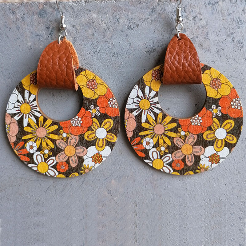 Casual Bohemian Round Flower Leopard Pu Leather Wood Steel Hollow Out Women's Drop Earrings