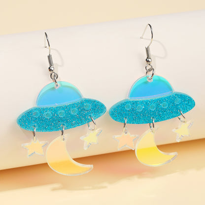 Cartoon Style Spacecraft Star Moon Arylic Sequins Laser Women's Drop Earrings