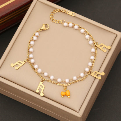 Simple Style Commute Cross Four Leaf Clover Flower Stainless Steel Artificial Pearl Beaded Layered Plating Bracelets